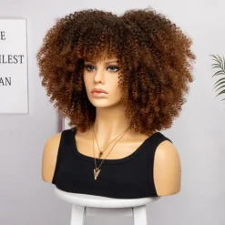 Short Curly Afro Wigs with Bangs for Black Women Brown Afro Kinky Curly Wigs for Black Women Synthetic Heat Resistant Fluffy Brown Wigs Halloween Cosplay Party Wigs