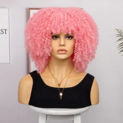 Short Curly Afro Wigs with Bangs for Black Women Brown Afro Kinky Curly Wigs for Black Women Synthetic Heat Resistant Fluffy Brown Wigs Halloween Cosplay Party Wigs