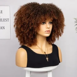 Short Curly Afro Wigs with Bangs for Black Women Brown Afro Kinky Curly Wigs for Black Women Synthetic Heat Resistant Fluffy Brown Wigs Halloween Cosplay Party Wigs