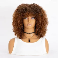 Short Curly Afro Wigs with Bangs for Black Women Brown Afro Kinky Curly Wigs for Black Women Synthetic Heat Resistant Fluffy Brown Wigs Halloween Cosplay Party Wigs