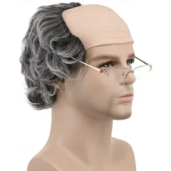 Short Curly Fits Old Man Bald Cap Gray Mad Scientist Carnival Cosplay Wig Anime Costume Party Wig