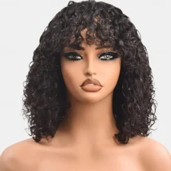 Short Curly Human Hair Wigs Short Curly Bob Wig Human Hair With Bangs For Women Glueless Short Water Wave Human Hair Wig With Bangs Natural Black 12Inch