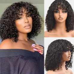 Short Curly Human Hair Wigs Short Curly Bob Wig Human Hair With Bangs For Women Glueless Short Water Wave Human Hair Wig With Bangs Natural Black 12Inch
