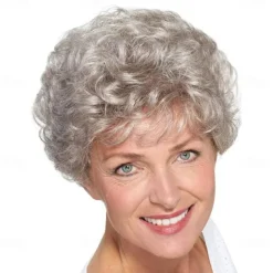 Short Curly Silver Wigs for White Women Heat Resistant Natural Synthetic Hair Old Ladies Daily Cosplay Full Wigs