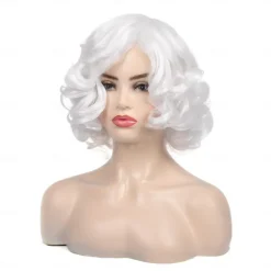 Short Curly White Wig for Women Synthetic Natural Wavy Costume Wig for Cosplay Party Halloween Wigs
