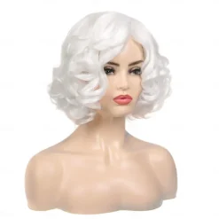 Short Curly White Wig for Women Synthetic Natural Wavy Costume Wig for Cosplay Party Halloween Wigs