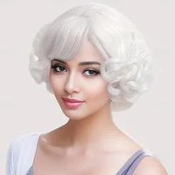 Short Curly White Women Wig with Bangs Heat Resistant Synthetic Hair Water Wave Womens Wigs for Old Lady Cosplay Daily 20s Costume Anime Carnival Halloween Wigs