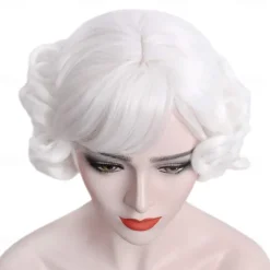 Short Curly White Women Wig with Bangs Heat Resistant Synthetic Hair Water Wave Womens Wigs for Old Lady Cosplay Daily 20s Costume Anime Carnival Halloween Wigs
