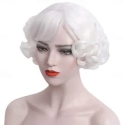 Short Curly White Women Wig with Bangs Heat Resistant Synthetic Hair Water Wave Womens Wigs for Old Lady Cosplay Daily 20s Costume Anime Carnival Halloween Wigs
