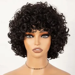 Short Curly Wig with Bangs Human Hair Wig for Black Women Short Curly Bob Wig Bouncy Curls Glueless Wig 150% Density
