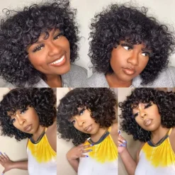 Short Curly Wig with Bangs Human Hair Wig for Black Women Short Curly Bob Wig Bouncy Curls Glueless Wig 150% Density