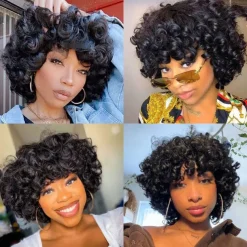 Short Curly Wig with Bangs Human Hair Wig for Black Women Short Curly Bob Wig Bouncy Curls Glueless Wig 150% Density
