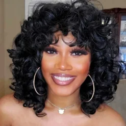 Short Curly Wigs for Black Women Soft Black Big Curly Wig with Bangs Afro Kinky Curls Heat Resistant Natural Looking Synthetic Wig for African American Women Christmas Party Wigs