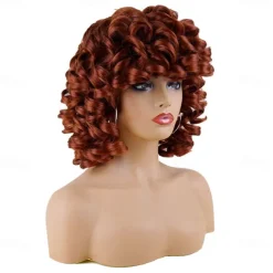 Short Curly Wigs for Black Women Soft Black Big Curly Wig with Bangs Afro Kinky Curls Heat Resistant Natural Looking Synthetic Wig for African American Women Christmas Party Wigs
