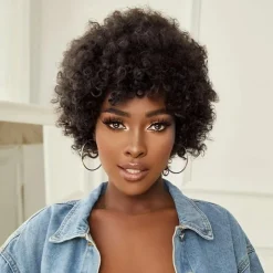 Short Curly Wigs for Black Women Human Hair Afro Kinky Curly Wig Brazilian Virgin Pixie Cut Wig Human Hair With Bangs 150% Density None Lace Front Bob Wigs
