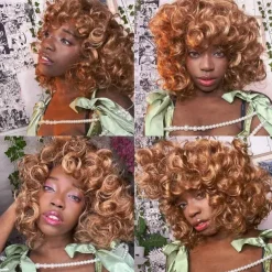 Short Curly Wigs for Black Women Afro Curly Wigs with Bangs Big Curly Wig Blonde Wigs for Black Women Light Brown Short Wigs Black Synthetic Hair Natural Wigs