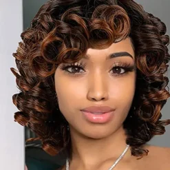 Short Curly Wigs for Black Women Afro Curly Wigs with Bangs Big Curly Wig Blonde Wigs for Black Women Light Brown Short Wigs Black Synthetic Hair Natural Wigs