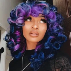Short Curly Wigs for Black Women Soft Mixed Blue to Purple Big Curly Wig with Bangs Cute Loose Curly Cosplay Party Daily Synthetic Wig for African American Women