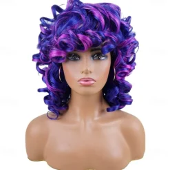 Short Curly Wigs for Black Women Soft Mixed Blue to Purple Big Curly Wig with Bangs Cute Loose Curly Cosplay Party Daily Synthetic Wig for African American Women