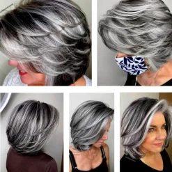 Short Dark Gray Bob Wigs Wavy Layered Bob Wig with Curtain Bangs for Women Synthetic Highlight Sliver Ombre Grey Bob Wig Pixie Cut Wig Gray Hair Wigs for Women Black Mixed Gray Wavy Wig