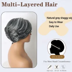 Short Dark Gray Bob Wigs Wavy Layered Bob Wig with Curtain Bangs for Women Synthetic Highlight Sliver Ombre Grey Bob Wig Pixie Cut Wig Gray Hair Wigs for Women Black Mixed Gray Wavy Wig