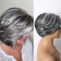 Short Dark Gray Bob Wigs Wavy Layered Bob Wig with Curtain Bangs for Women Synthetic Highlight Sliver Ombre Grey Bob Wig Pixie Cut Wig Gray Hair Wigs for Women Black Mixed Gray Wavy Wig