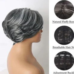 Short Dark Gray Bob Wigs Wavy Layered Bob Wig with Curtain Bangs for Women Synthetic Highlight Sliver Ombre Grey Bob Wig Pixie Cut Wig Gray Hair Wigs for Women Black Mixed Gray Wavy Wig