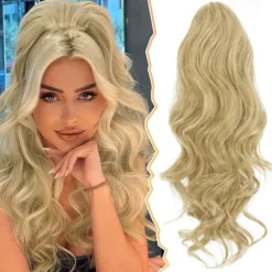 Short Drawstring Ponytail Extension, 16 In Wavy Ponytail Hair Extensions Synthetic Clip in Pony Tail Hairpieces Fake Ponytail for Women Girls Daily Halloween