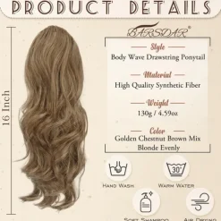 Short Drawstring Ponytail Extension, 16 In Wavy Ponytail Hair Extensions Synthetic Clip in Pony Tail Hairpieces Fake Ponytail for Women Girls Daily Halloween