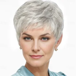 Short Grey Wigs for White Women Mixed Gray Silver Curly Wavy Wigs with White Bangs Grandma Synthetic Short Hair Wigs