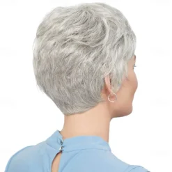 Short Grey Wigs for White Women Mixed Gray Silver Curly Wavy Wigs with White Bangs Grandma Synthetic Short Hair Wigs