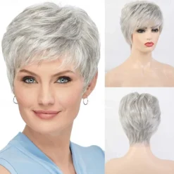 Short Grey Wigs for White Women Mixed Gray Silver Curly Wavy Wigs with White Bangs Grandma Synthetic Short Hair Wigs