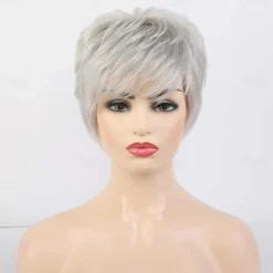 Short Grey Wigs for White Women Mixed Gray Silver Curly Wavy Wigs with White Bangs Grandma Synthetic Short Hair Wigs