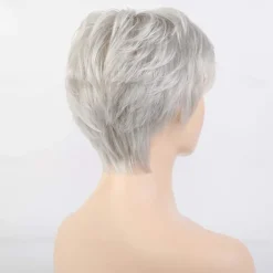 Short Grey Wigs for White Women Mixed Gray Silver Curly Wavy Wigs with White Bangs Grandma Synthetic Short Hair Wigs