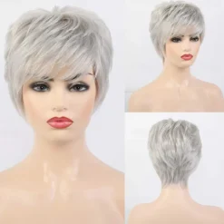 Short Grey Wigs for White Women Mixed Gray Silver Curly Wavy Wigs with White Bangs Grandma Synthetic Short Hair Wigs