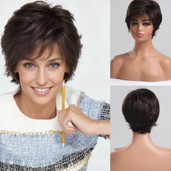 Short Grey Wigs for White Women Mixed Gray Silver Curly Wavy Wigs with White Bangs Grandma Synthetic Short Hair Wigs