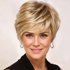 Short Grey Wigs for White Women Mixed Gray Silver Curly Wavy Wigs with White Bangs Grandma Synthetic Short Hair Wigs