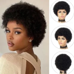 Short Human Hair Afro Wigs for Black Women and Men Glueless Wear and Go Wig 150% Density 70s 80s Afro Kinky Curly Full Machine Made Human Hair Wigs for Daily Party Use Cosplay Wig Halloween Hair Wig