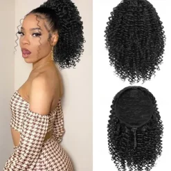 Short Kinky Curly Ponytail Extension for Black Women 10 Inch Natural Black Drawstring Curly Ponytail with Two Clips Synthetic Afro Drawstring Ponytail for Black Women