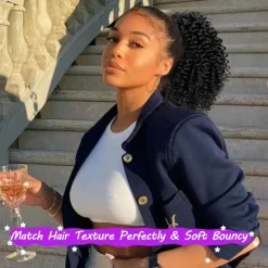 Short Kinky Curly Ponytail Extension for Black Women 10 Inch Natural Black Drawstring Curly Ponytail with Two Clips Synthetic Afro Drawstring Ponytail for Black Women