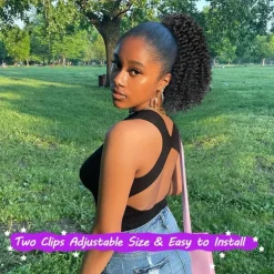 Short Kinky Curly Ponytail Extension for Black Women 10 Inch Natural Black Drawstring Curly Ponytail with Two Clips Synthetic Afro Drawstring Ponytail for Black Women