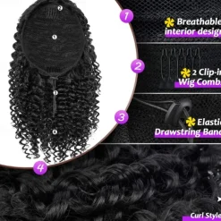 Short Kinky Curly Ponytail Extension for Black Women 10 Inch Natural Black Drawstring Curly Ponytail with Two Clips Synthetic Afro Drawstring Ponytail for Black Women