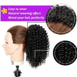 Short Kinky Curly Ponytail Extension for Black Women 10 Inch Natural Black Drawstring Curly Ponytail with Two Clips Synthetic Afro Drawstring Ponytail for Black Women