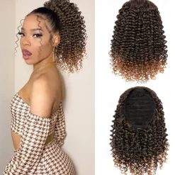 Short Kinky Curly Ponytail Extension for Black Women 10 Inch Natural Black Drawstring Curly Ponytail with Two Clips Synthetic Afro Drawstring Ponytail for Black Women