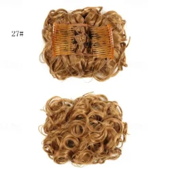 Short Messy Curly Dish Hair Bun Extension Easy Stretch Hair Combs Clip In Chignon Tray Ponytail Hairpieces - Dark Brown To Light Auburn