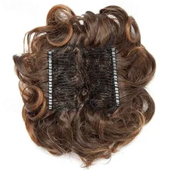 Short Messy Curly Dish Hair Bun Extension Easy Stretch Hair Combs Clip In Chignon Tray Ponytail Hairpieces - Dark Brown To Light Auburn