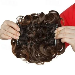 Short Messy Curly Dish Hair Bun Extension Easy Stretch Hair Combs Clip In Chignon Tray Ponytail Hairpieces - Dark Brown To Light Auburn