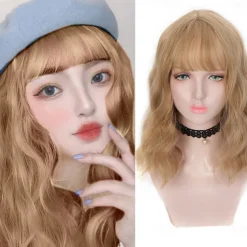 Short natural wave wig heat resistant Synthetic hair cute teen Lolita Bob wig belt bangs Cosplay wig ladies full wig Halloween Wigs