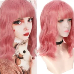 Short natural wave wig heat resistant Synthetic hair cute teen Lolita Bob wig belt bangs Cosplay wig ladies full wig Halloween Wigs