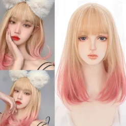 Short natural wave wig heat resistant Synthetic hair cute teen Lolita Bob wig belt bangs Cosplay wig ladies full wig Halloween Wigs